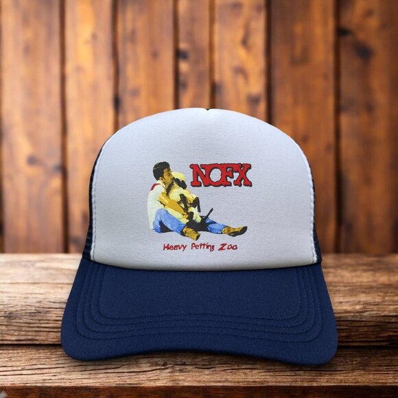 NOFX Heavy Petting Zoo Mens Trucker Hat Navy Snapback Punk Rock Ska Punk Cap - Picture 1 of 4